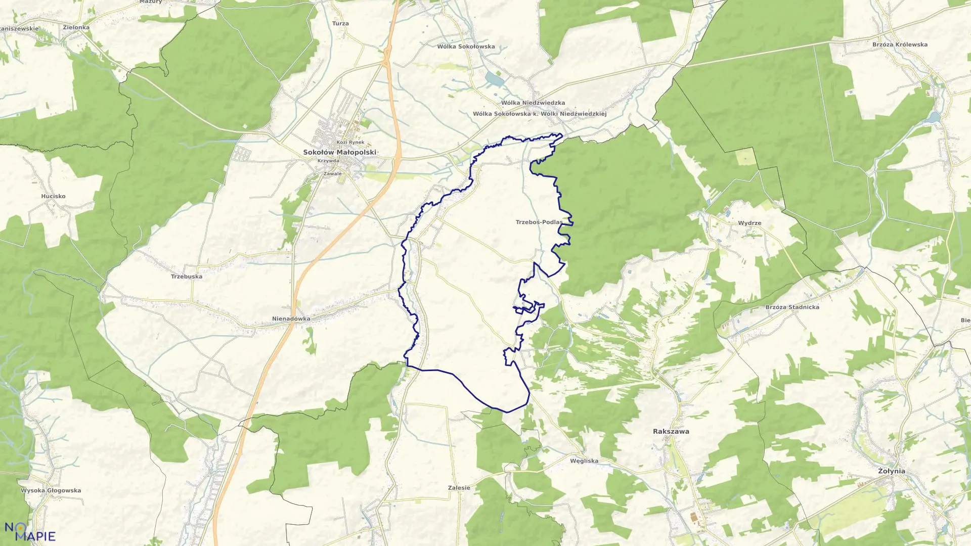 Mapa obrębu Trzeboś w gminie Sokołów Małopolski