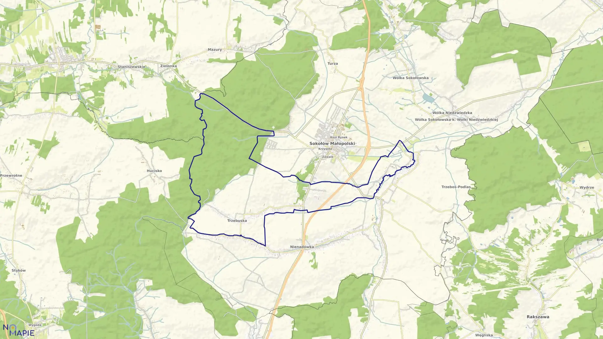 Mapa obrębu Trzebuska w gminie Sokołów Małopolski