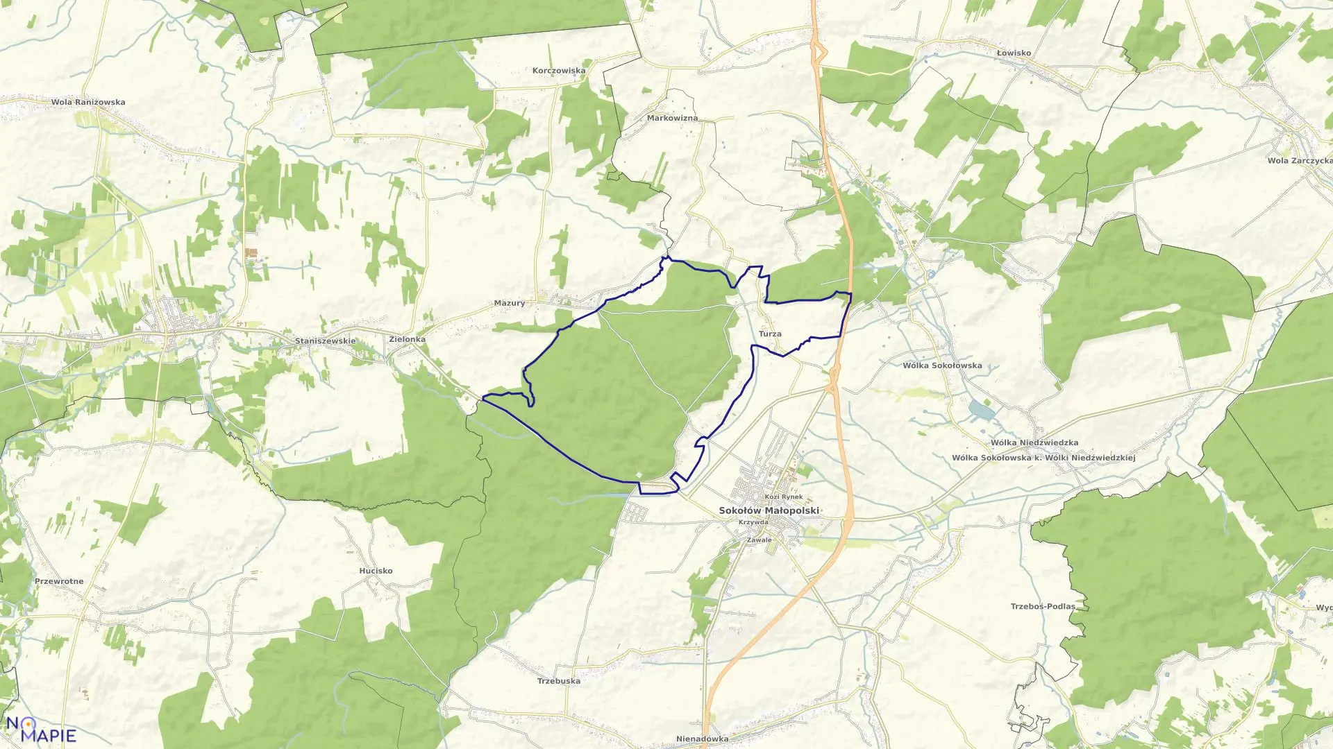 Mapa obrębu Turza w gminie Sokołów Małopolski