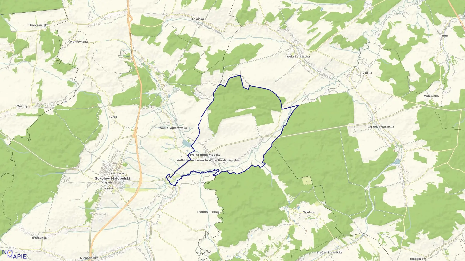 Mapa obrębu Wólka Niedźwiedzka w gminie Sokołów Małopolski